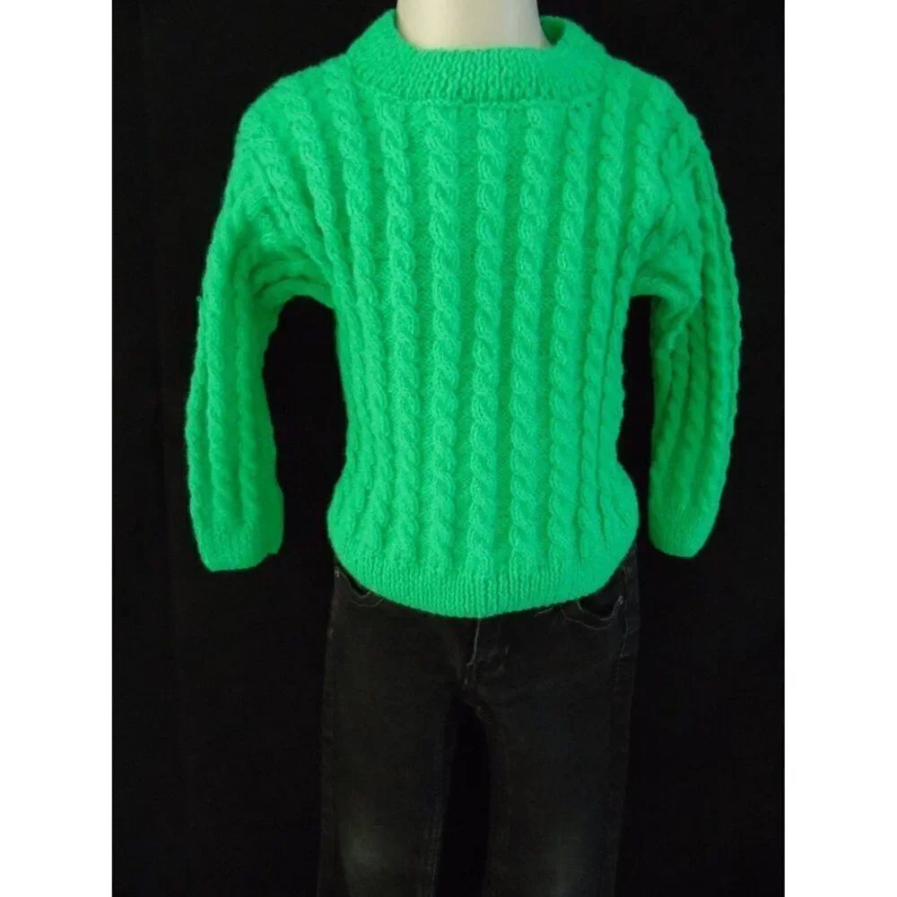 Hand Knitted Toddler Sweater Green Merino Wool Unisex Baby Pullover